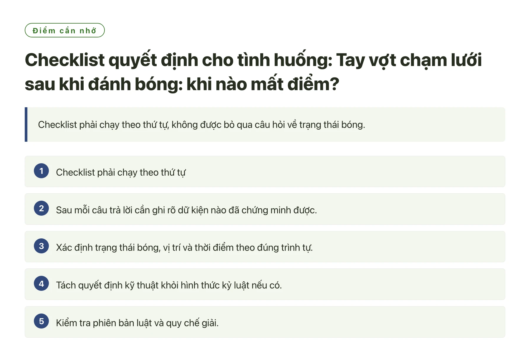 Checklist quyết định cho tình huống: Tay vợt chạm lưới sau khi đánh bóng: khi nào mất điểm?——全文要点速览